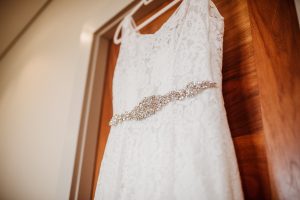 close up of wedding dress hung up at The Aviator Farnborough